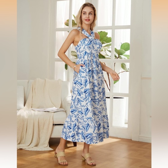 ⭐️ NEW Grace Karin Small Criss Cross Halterneck Blue White Flowy Maxi Dress - Picture 4 of 10